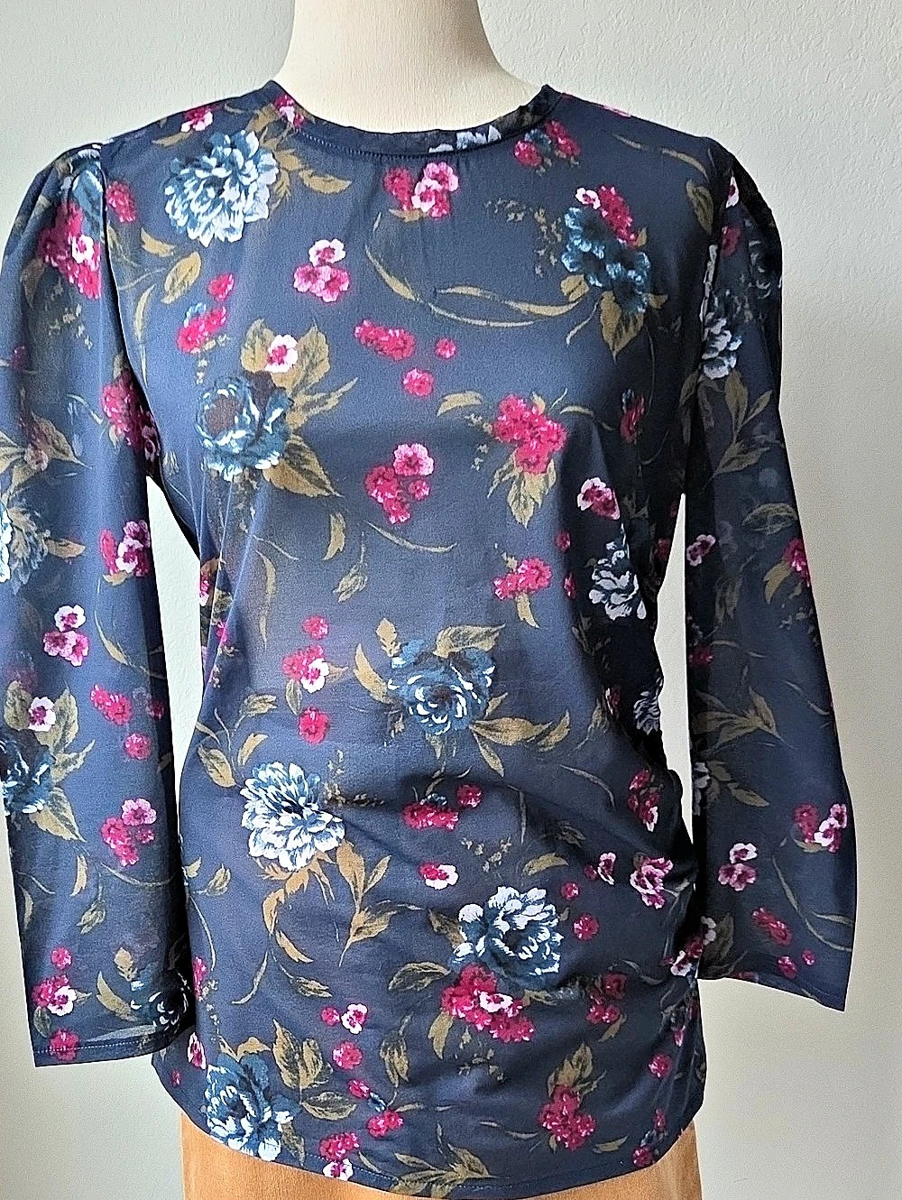 Floral Ruching Sheer Blouse in Blue & Pink Like New Hinge Medium